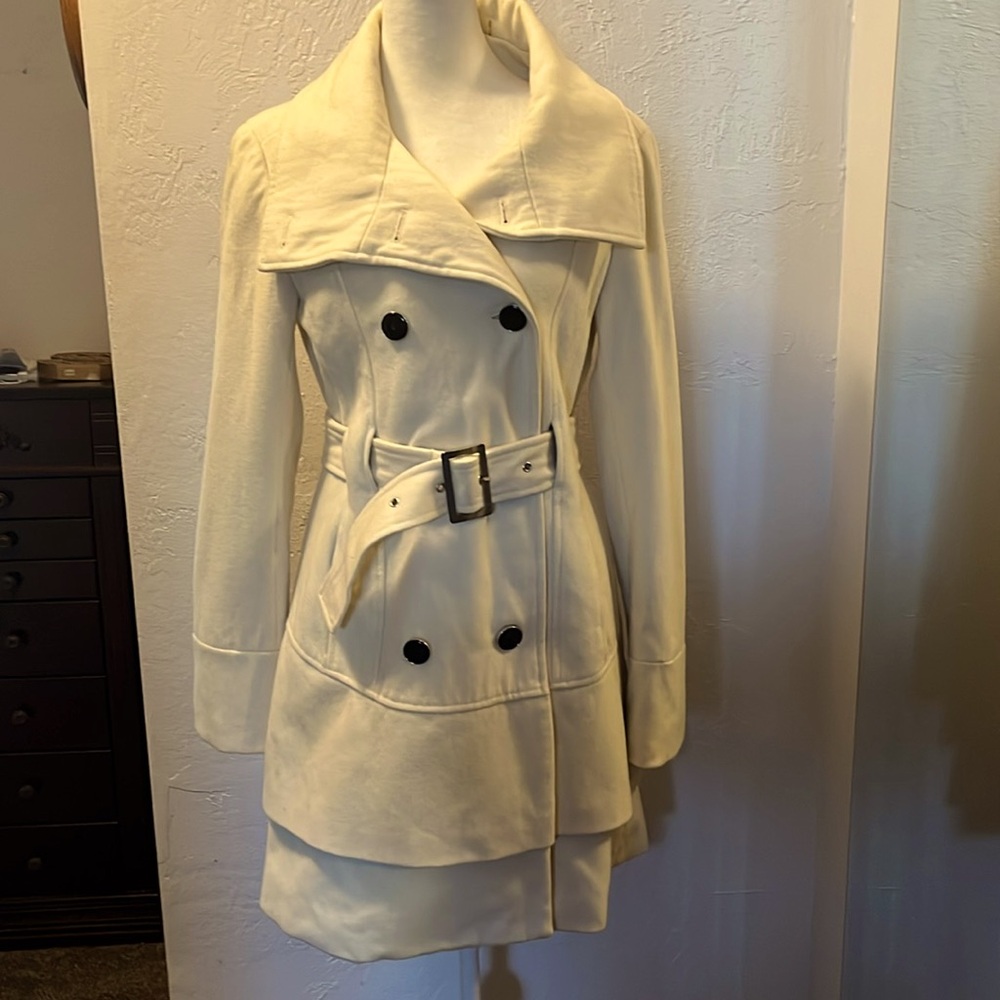 Black Rivet Double-breasted Cream Wool Blend Coat Sz S